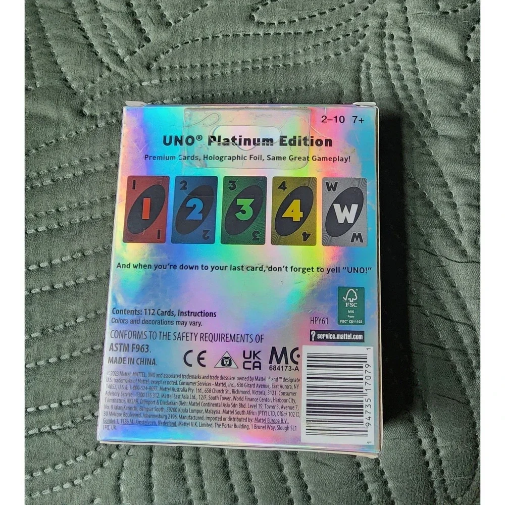UNO Mattel UNO Platinum Edition Card Game Premium Holographic Foil Cards